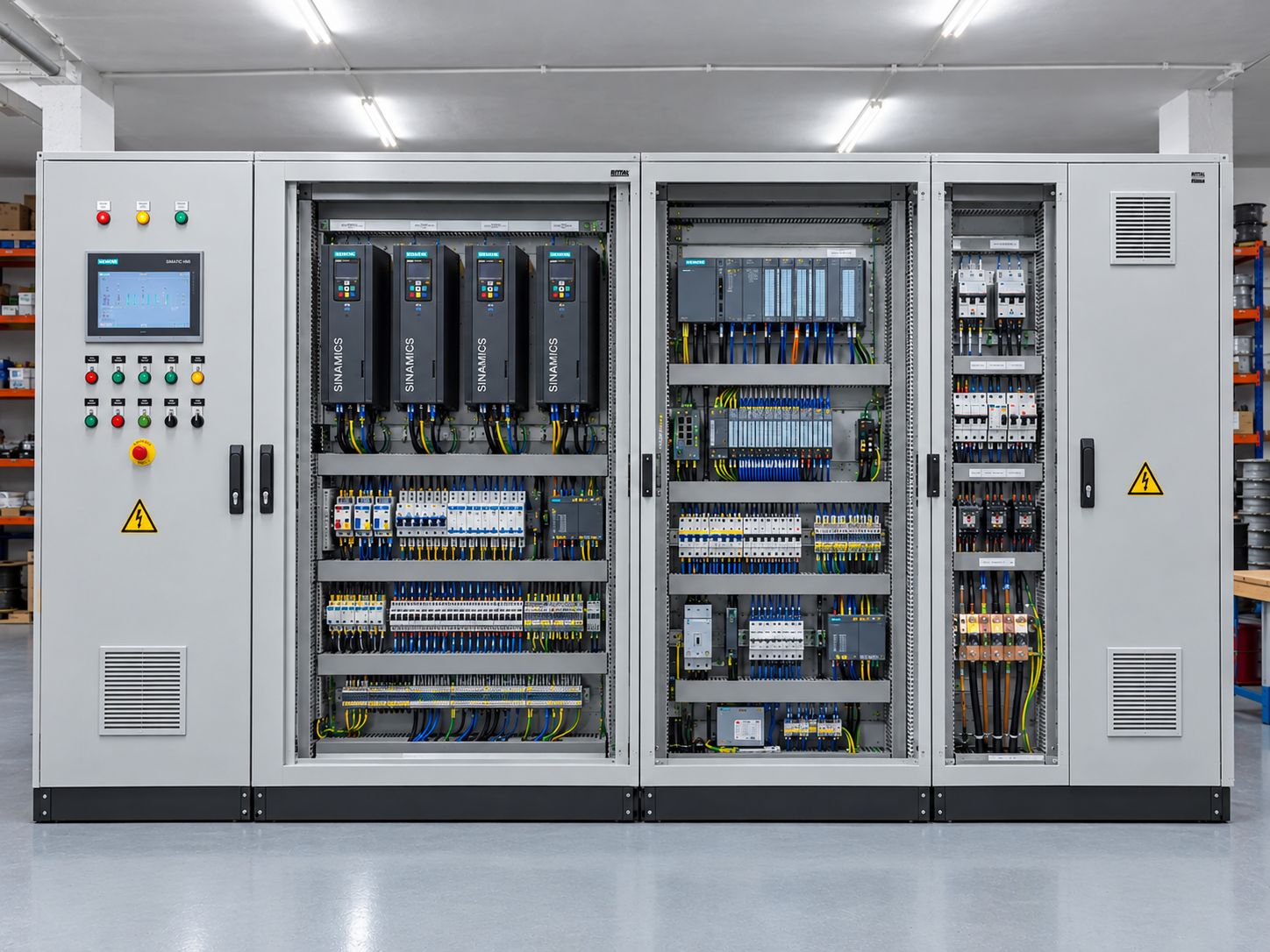 Cuadro de automatización con variadores, PLC y pantalla de operador