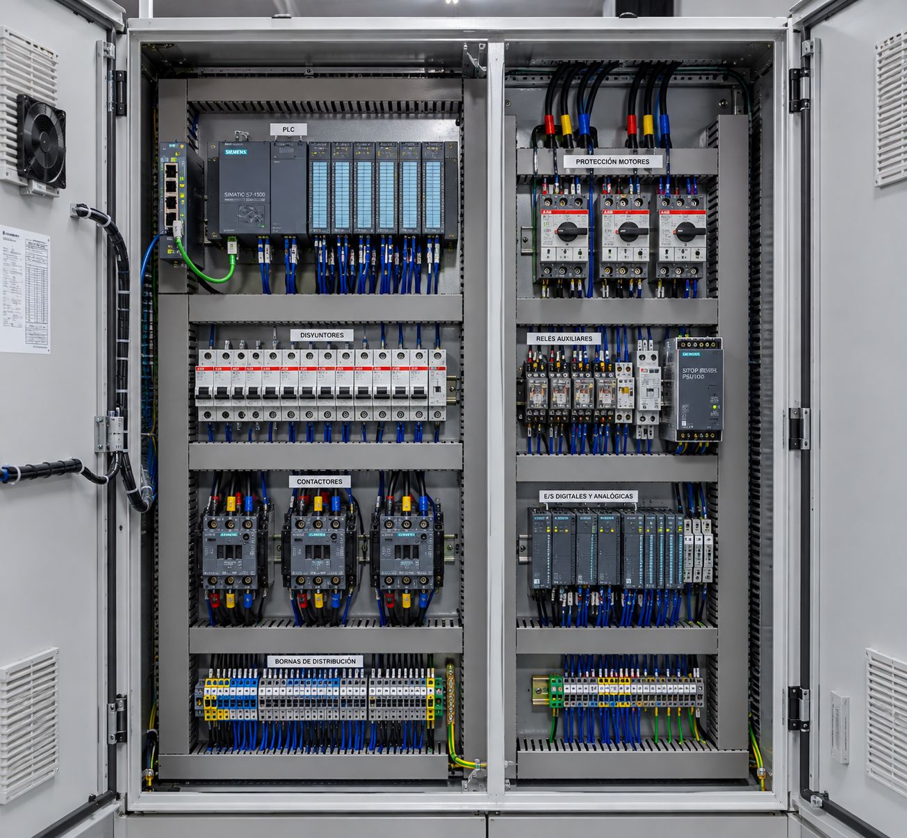 Cuadro de control con PLC, disyuntores, contactores y bornas etiquetadas