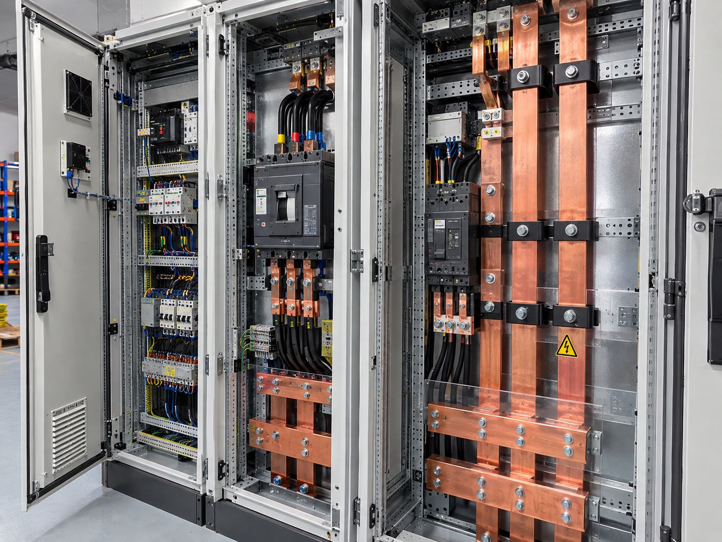 Cuadro eléctrico de potencia con embarrado de cobre, interruptores automáticos y cableado ordenado