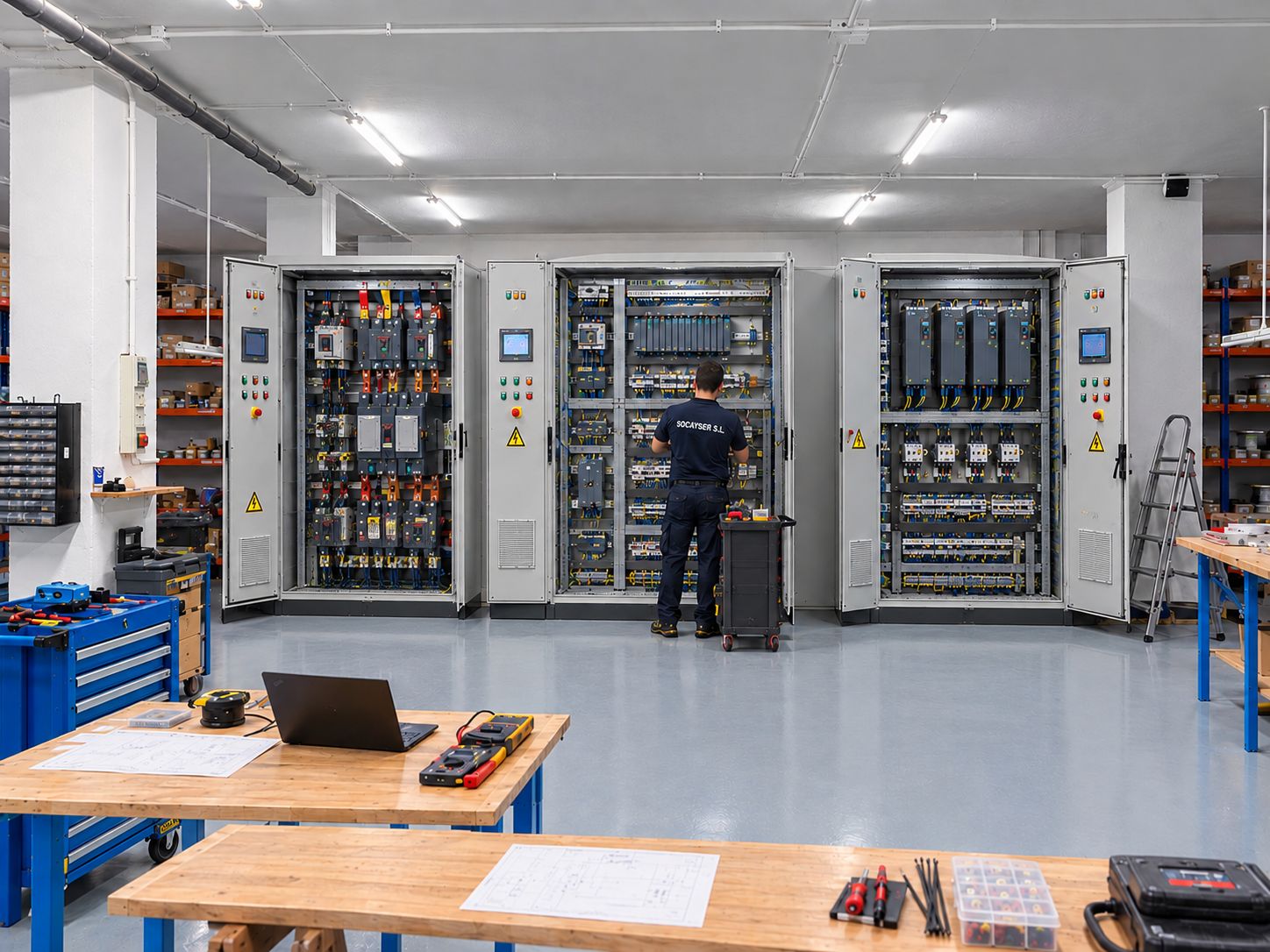 Cuadros de potencia y control abiertos en el taller